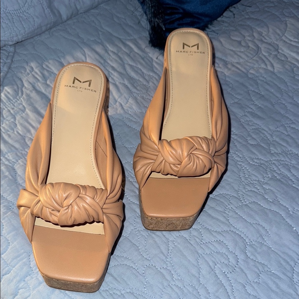 Marc Fisher Tan Mules with Ruched Detail